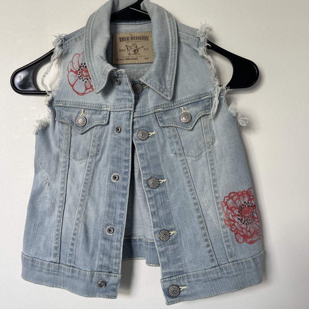 Girls True Religion Brand Jeans XS Denim Vest Light Blue Red Flower